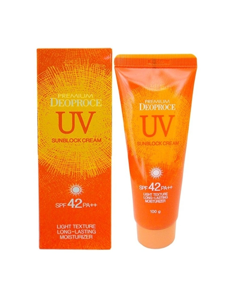 Uv sun block. UV Sunblock Cream spf42. Deoproce солнцезащитный крем для лица и тела Premium UV SPF 42. Солнцезащитный крем Deoproce Premium UV Sun Block Cream spf42 pa++ 100 гр. Крем диопрос 50 Deoproce солнцезащитный.