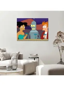 Картина на холсте Футурама Futurama Бендер Фрай и Эми 30х40