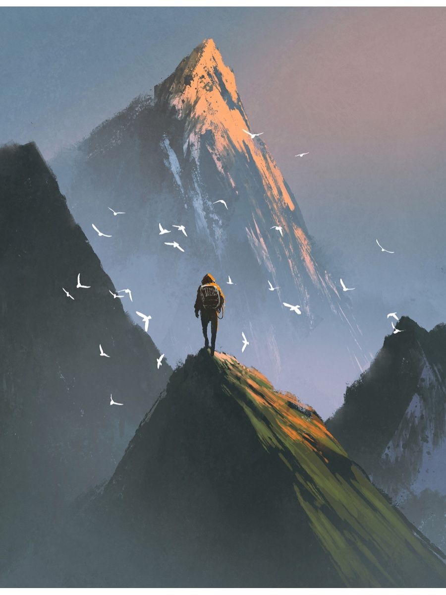Девушка на вершине горы арт
