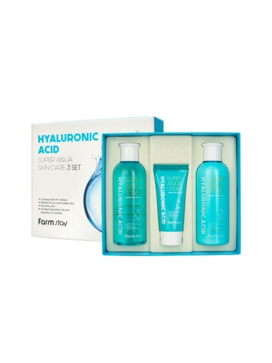 Hyaluronic acid skin. Farmstay Hyaluronic acid super Aqua Skin Care 3 Set. Набор увлажняющих средств Farmstay Hyaluronic acid super Aqua Skin Care 3 Set. Farm stay - набор "Hyaluronic acid super Aqua Skin Care 3 Set". Hyaluronic acid Farmstay super Aqua набор.