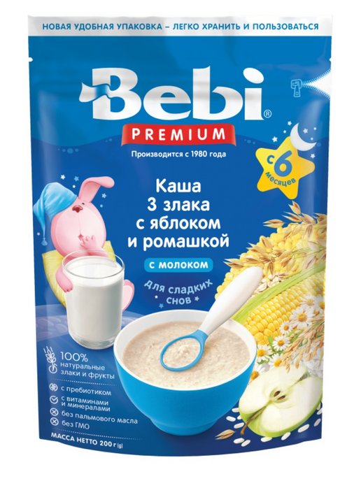 Каша bebi premium для сладких снов 3 злака с яблоком и ромашкой