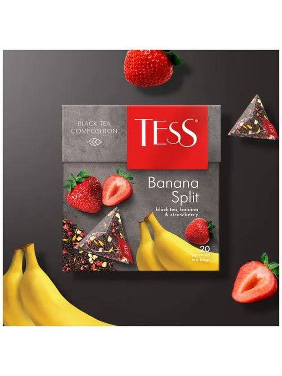 Banana tea. Чай Тесс банана сплит черный 20 пирамидок. Чай в пирамидках фруктовый Tess Banana Split, 20 шт. Чай черный Tess Banana Split в пирамидках. Чай Tess фруктовый Banana Split.